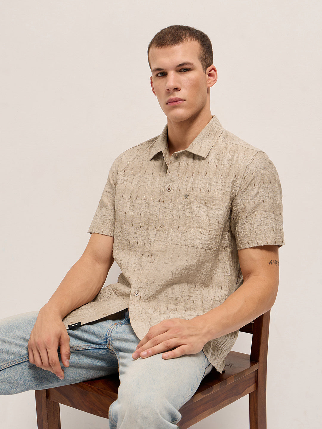 Beige Crinkle Textured Regular Fit Half-Sleeve Casual Shirt
