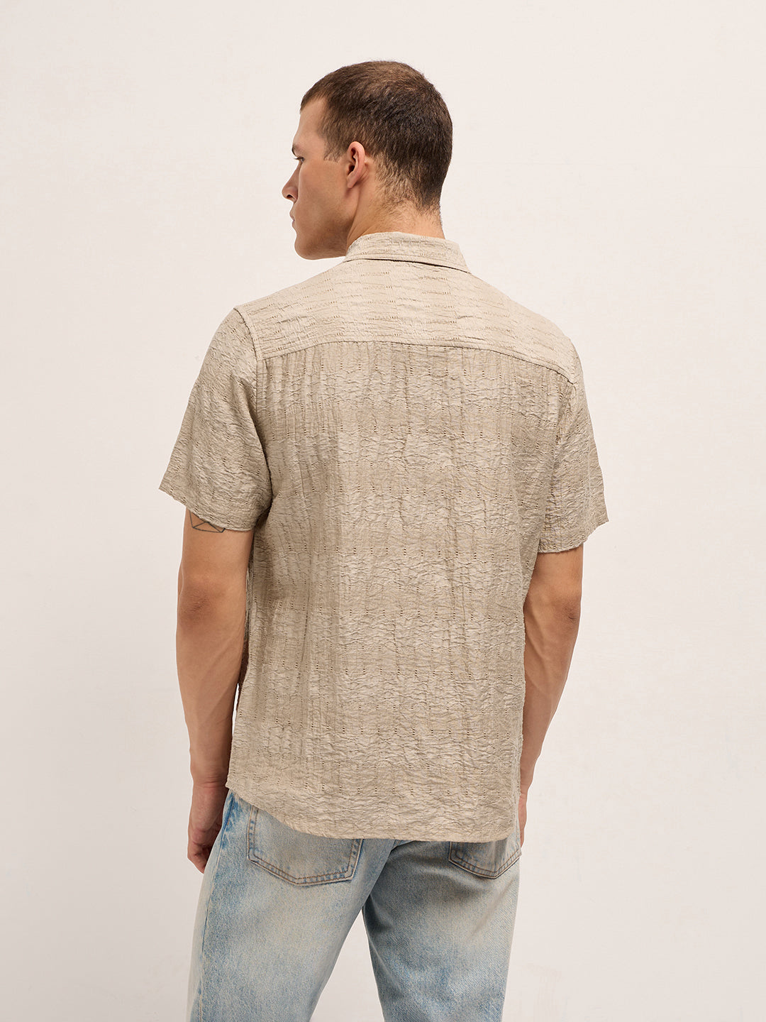 Beige Crinkle Textured Regular Fit Half-Sleeve Casual Shirt