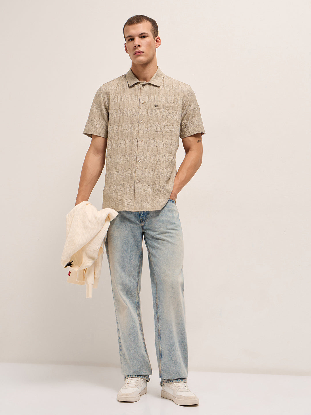 Beige Crinkle Textured Regular Fit Half-Sleeve Casual Shirt