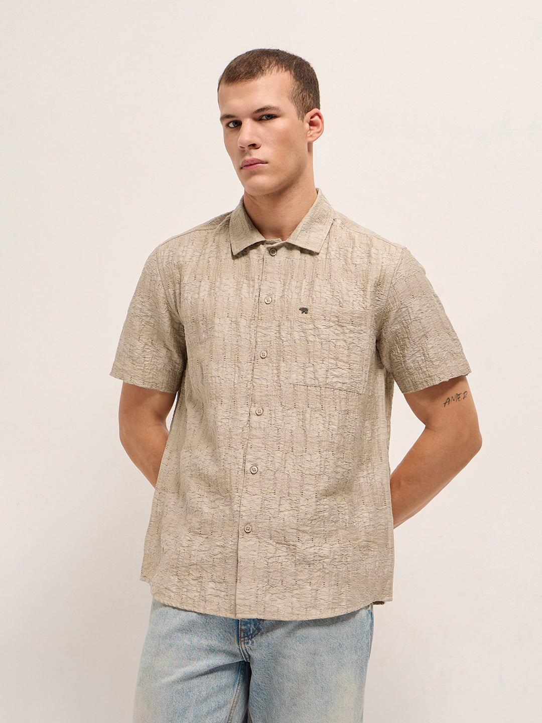 Beige Crinkle Textured Regular Fit Half-Sleeve Casual Shirt