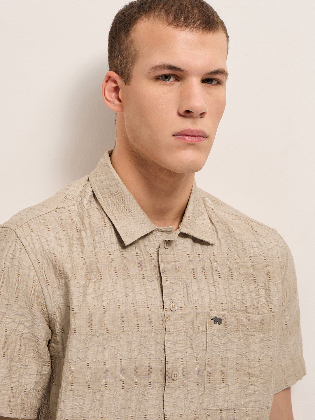 Beige Crinkle Textured Regular Fit Half-Sleeve Casual Shirt