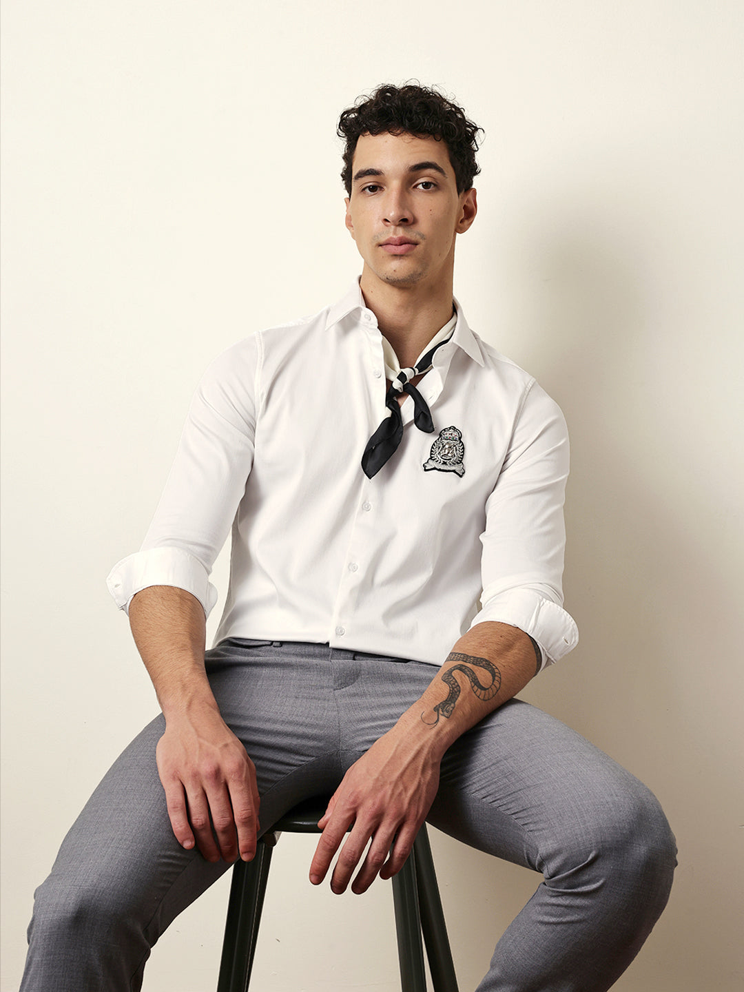 White Tailored Fit Regal Crest Embroidery Formal Party Shirt