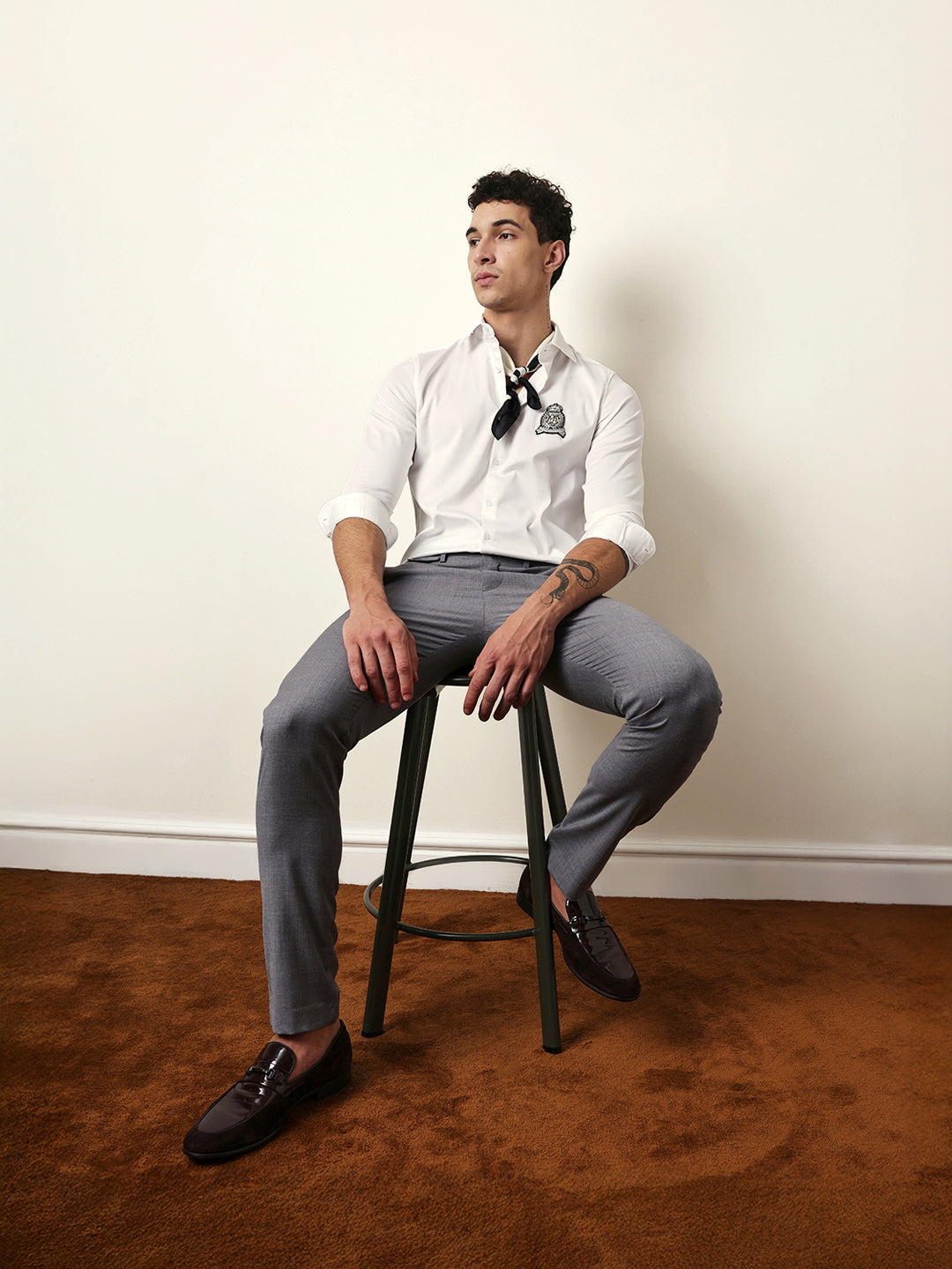 White Tailored Fit Regal Crest Embroidery Formal Party Shirt
