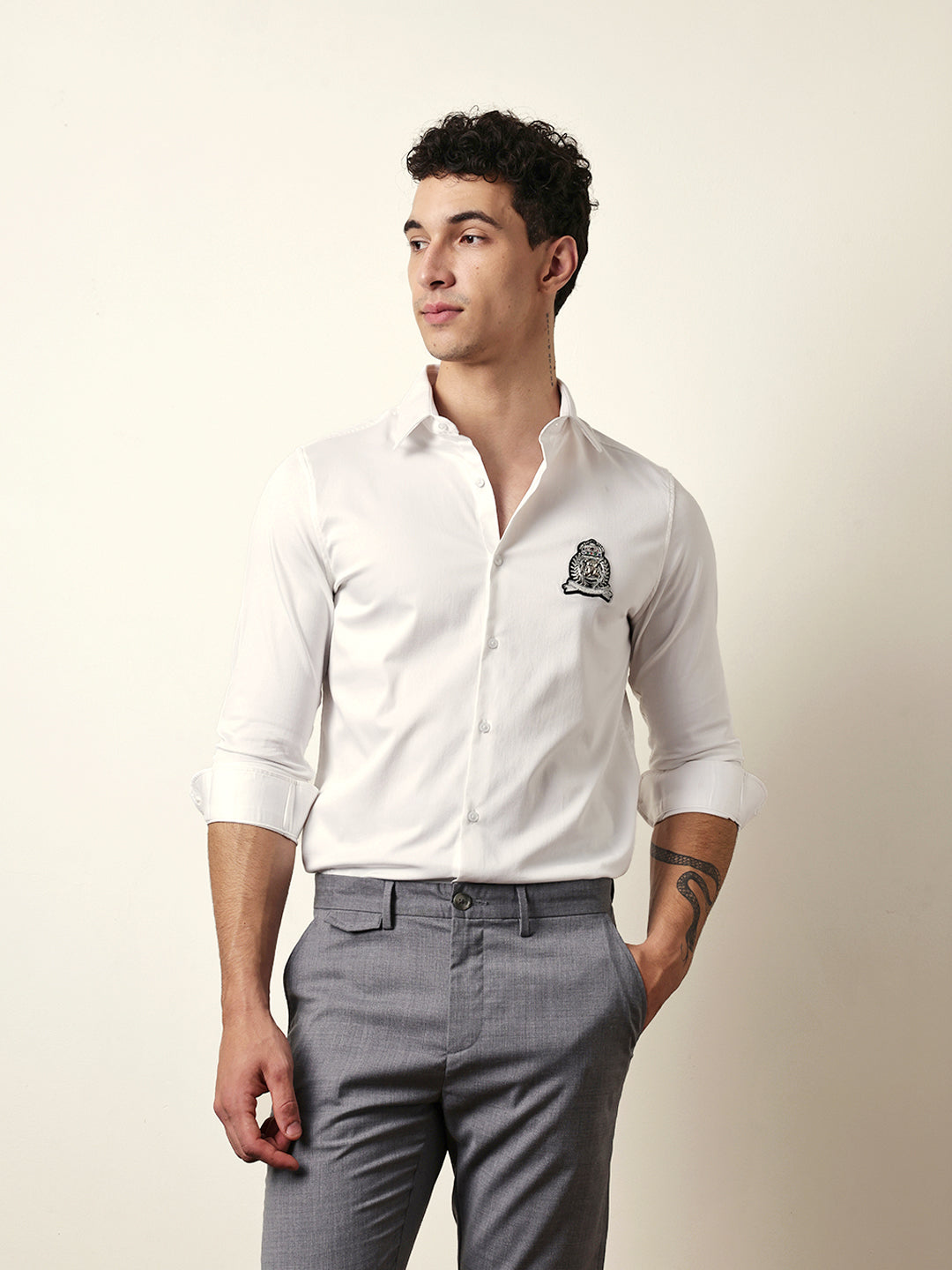 White Tailored Fit Regal Crest Embroidery Formal Party Shirt