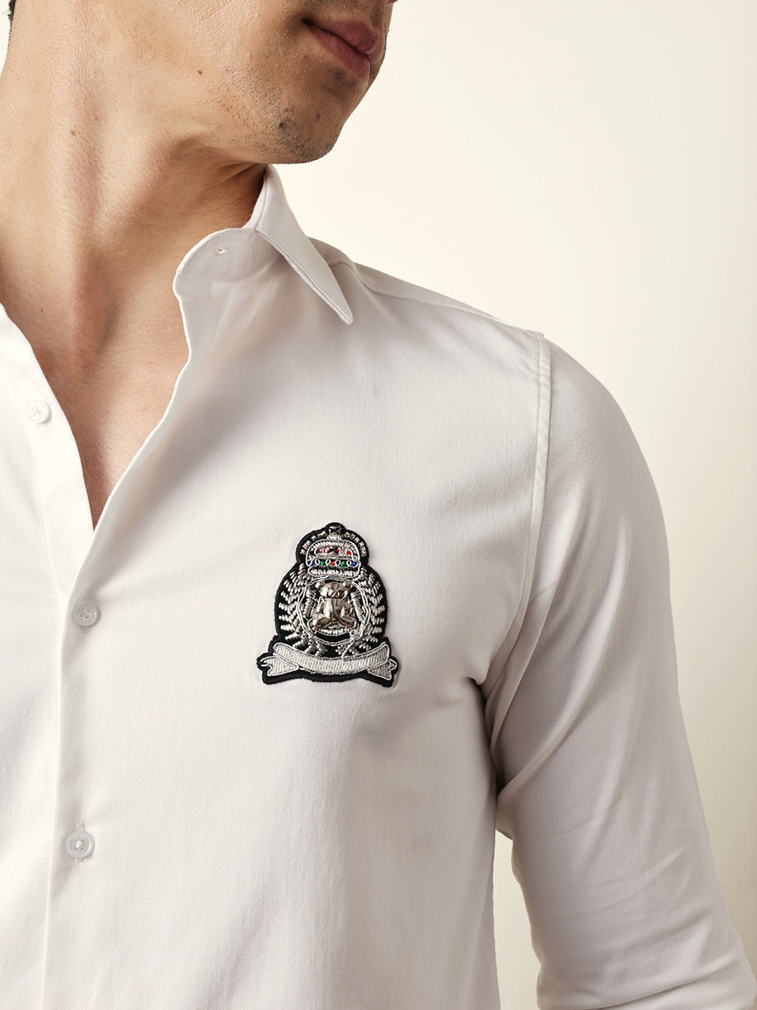 White Tailored Fit Regal Crest Embroidery Formal Party Shirt