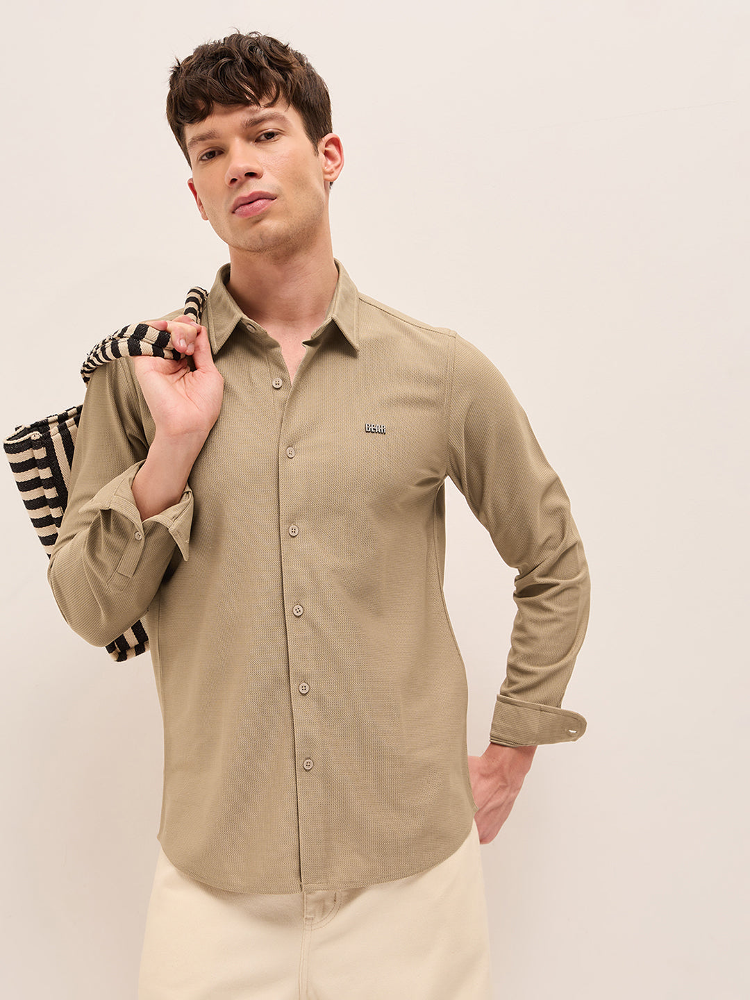 Beige Woven Textured Regular Fit Casual Shirt