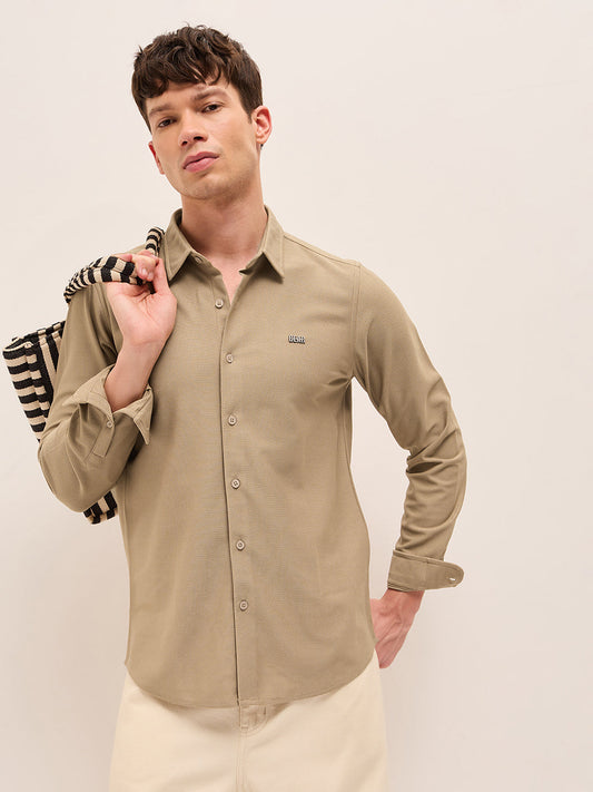 Beige Woven Textured Regular Fit Casual Shirt