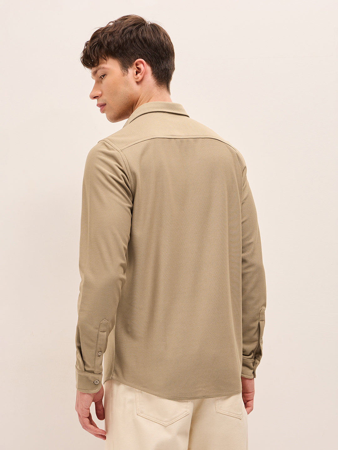 Beige Woven Textured Regular Fit Casual Shirt