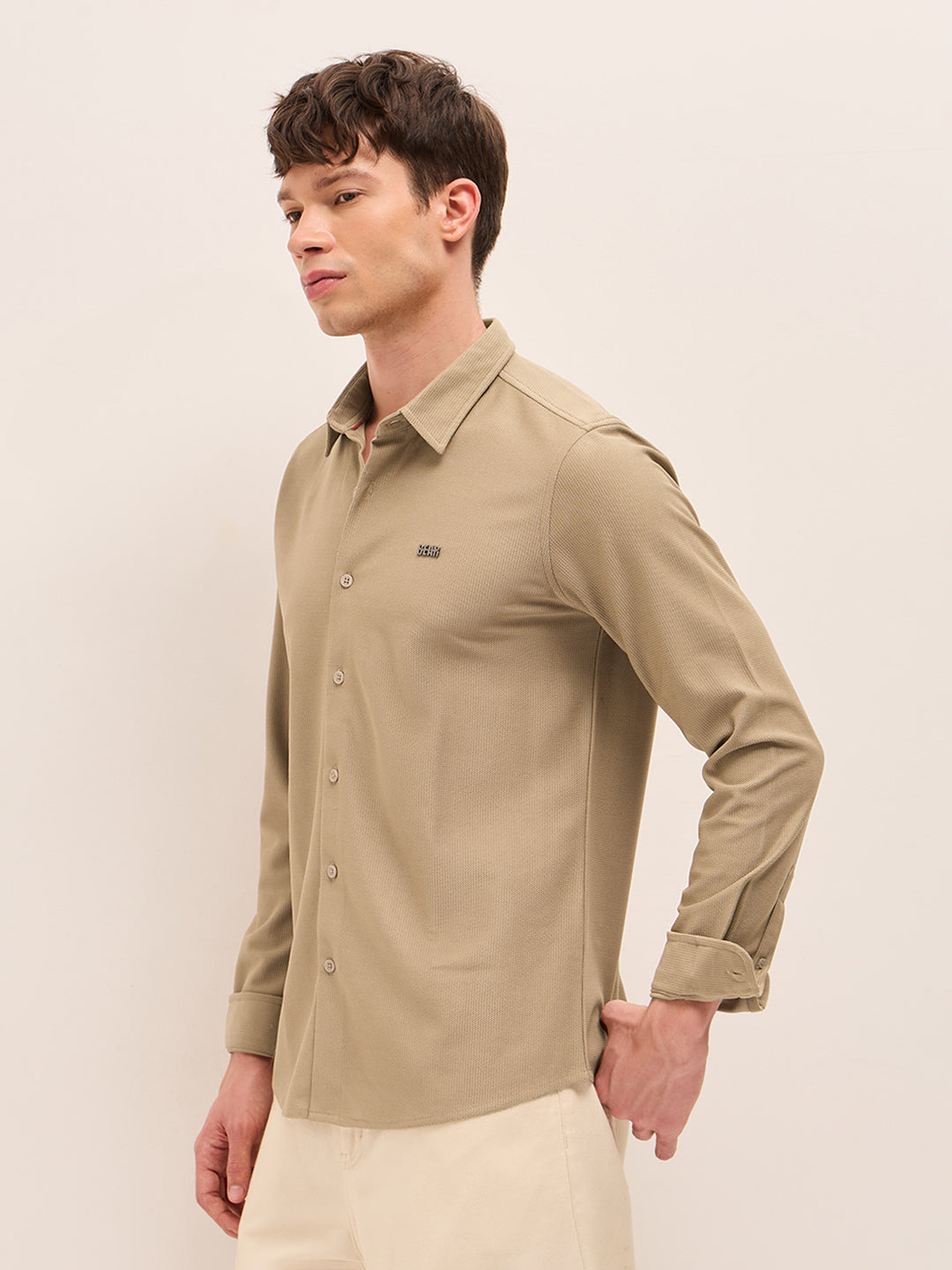 Beige Woven Textured Regular Fit Casual Shirt