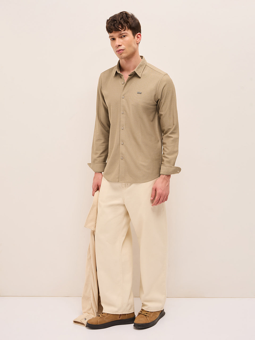 Beige Woven Textured Regular Fit Casual Shirt
