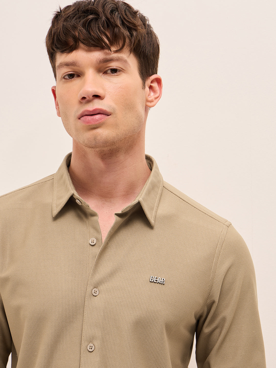 Beige Woven Textured Regular Fit Casual Shirt