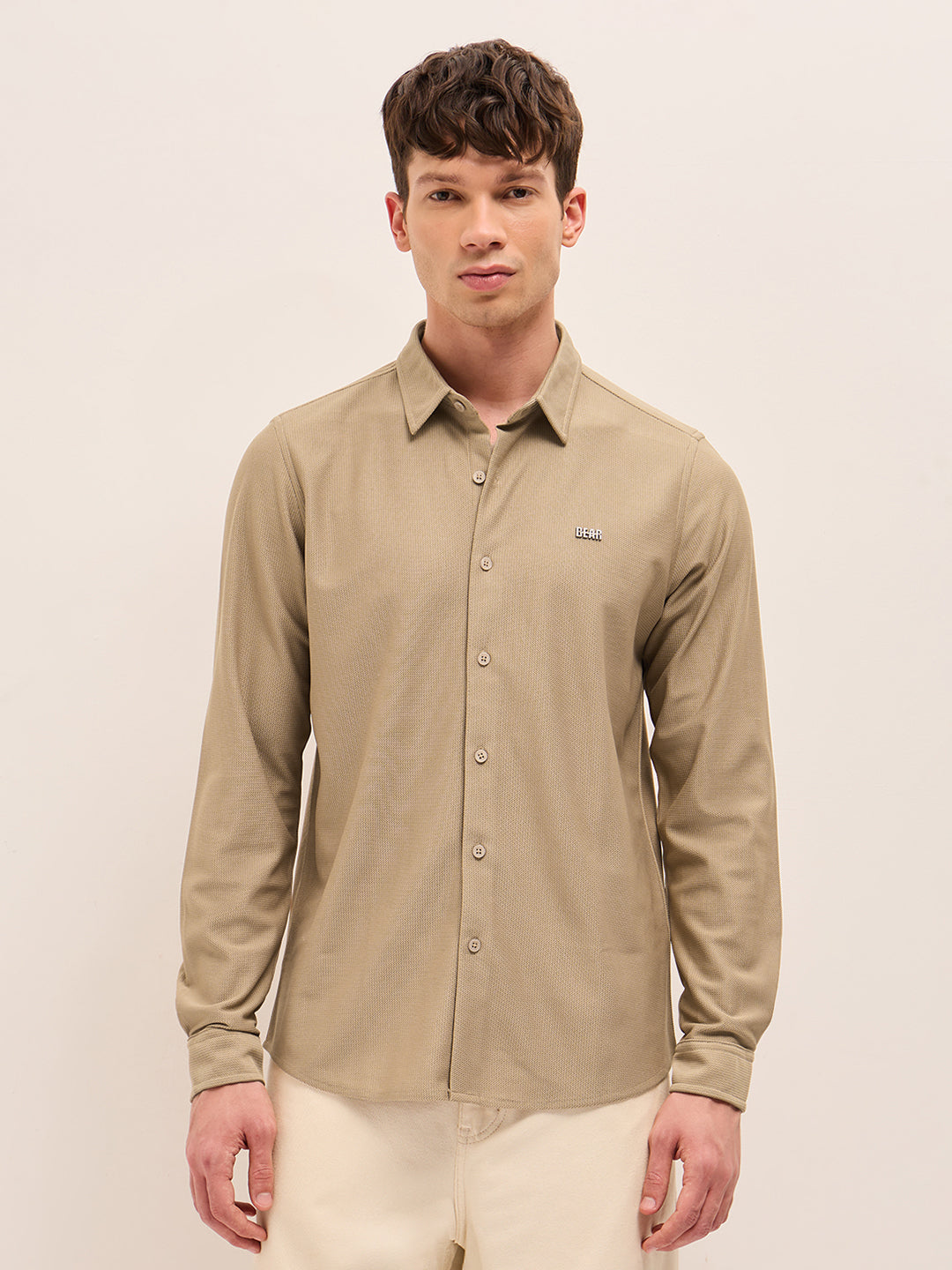 Beige Woven Textured Regular Fit Casual Shirt