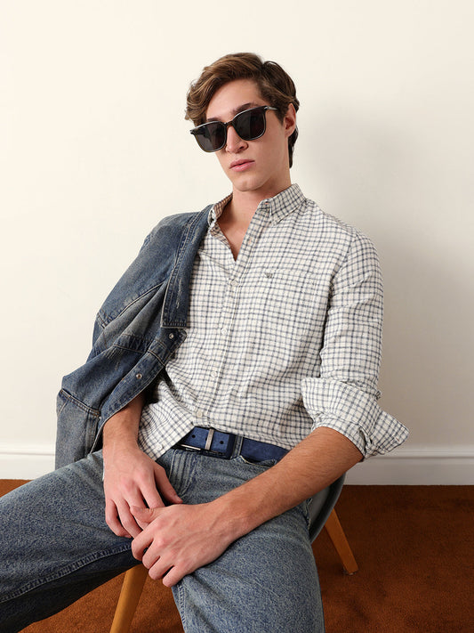 White Woven Check Slim Fit Casual Shirt