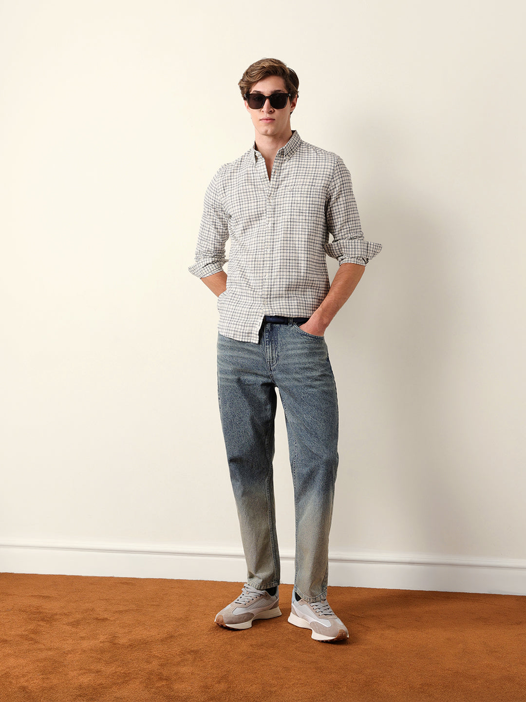 White Woven Check Slim Fit Casual Shirt
