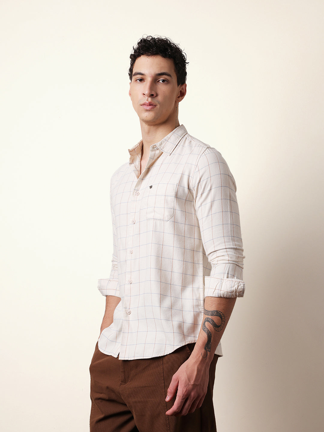 Cream Slim Fit Casual Shirt with Woven Block Checks