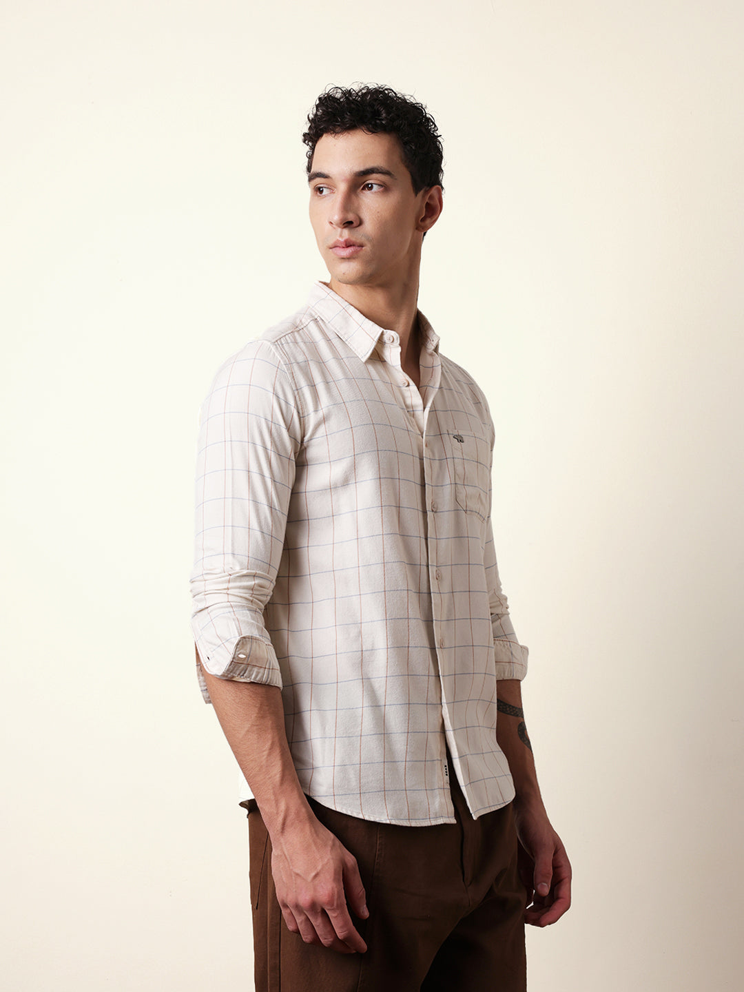 Cream Slim Fit Casual Shirt with Woven Block Checks