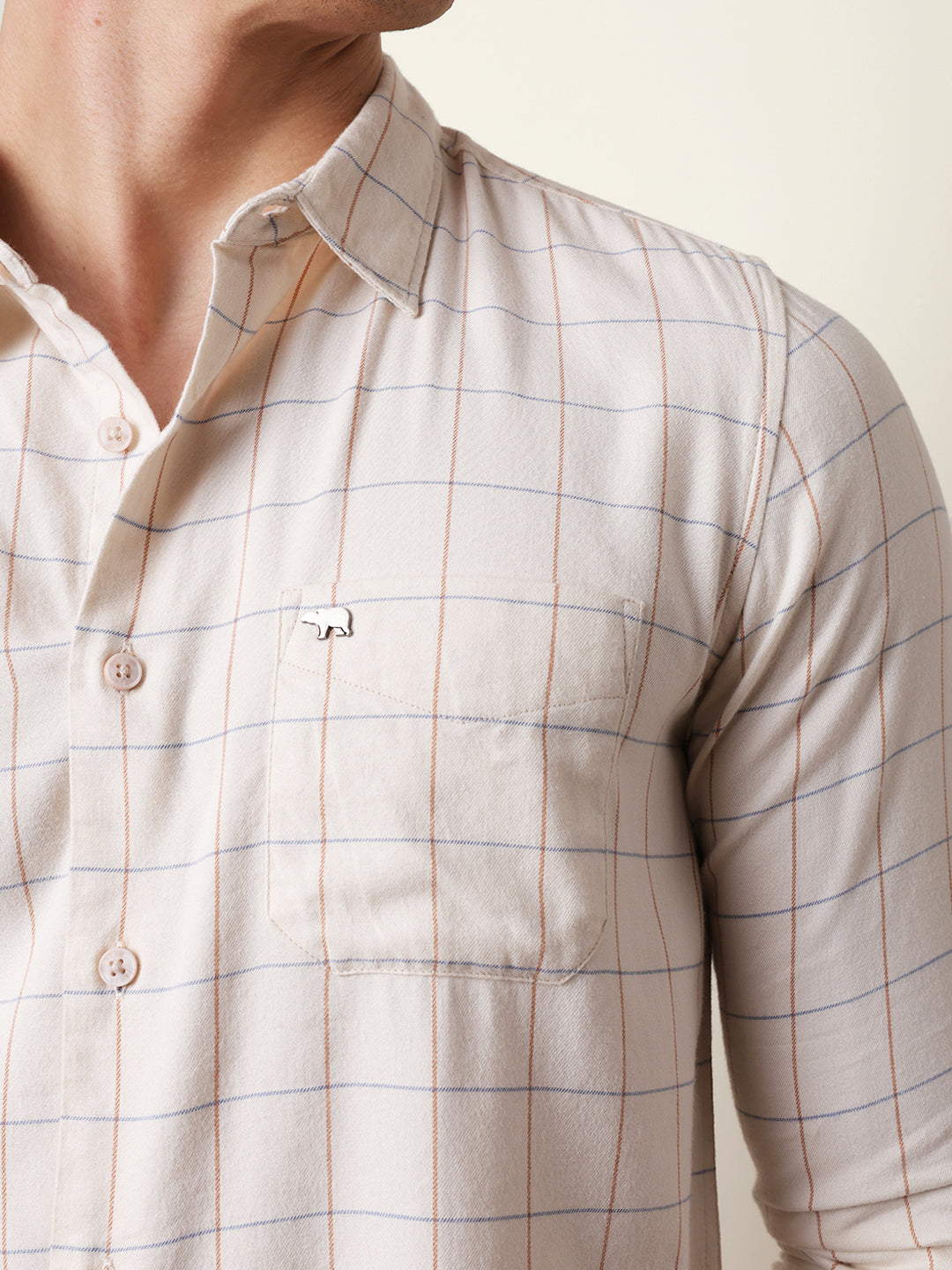 Cream Slim Fit Casual Shirt with Woven Block Checks
