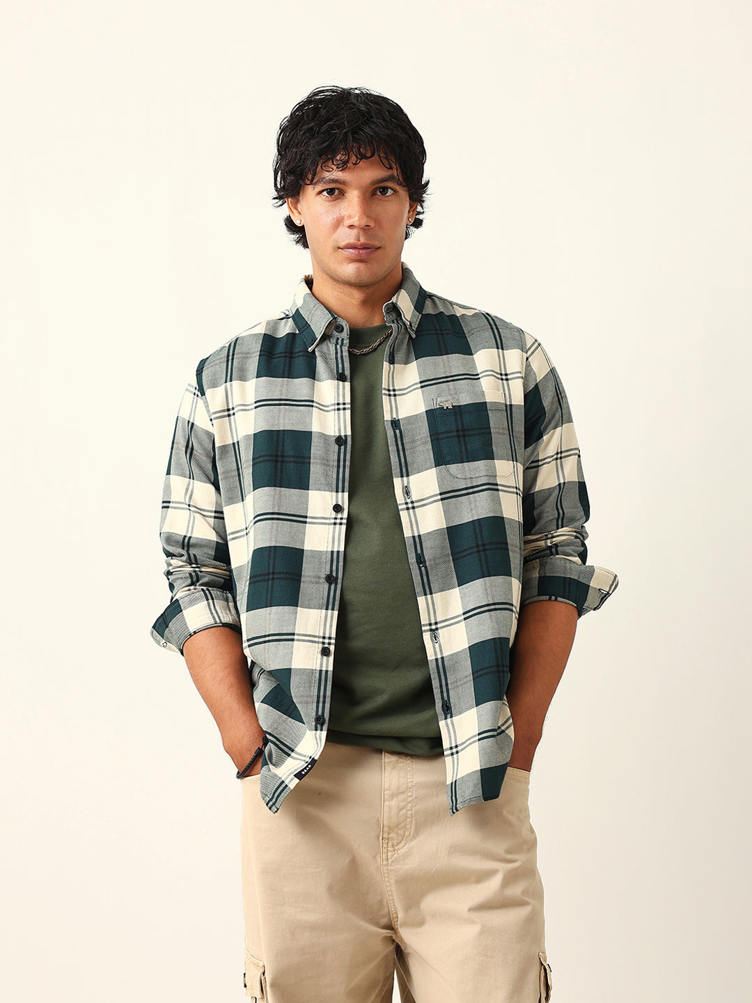 Green & Cream Woven Check Slim Fit Casual Shirt