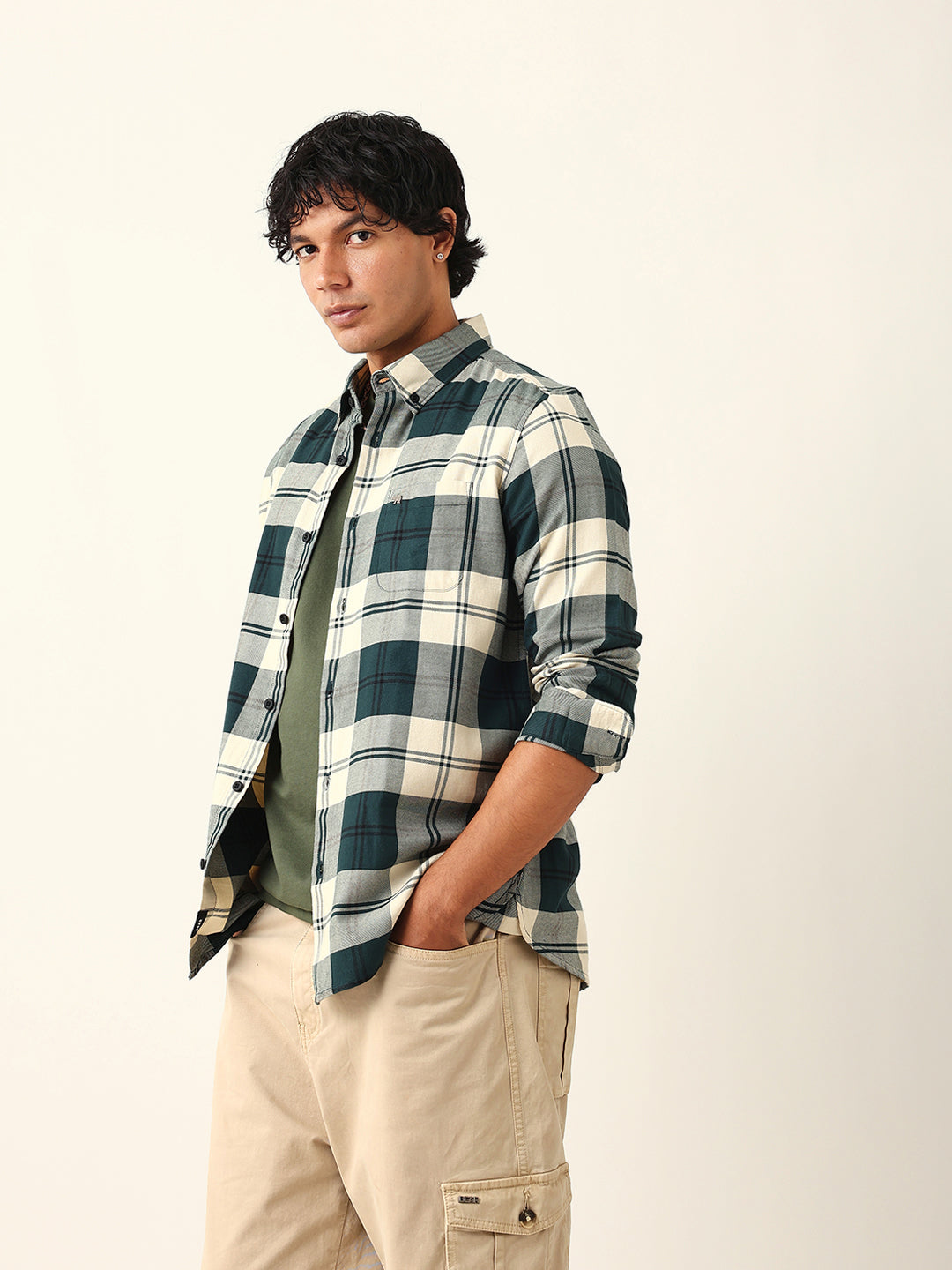 Green & Cream Woven Check Slim Fit Casual Shirt