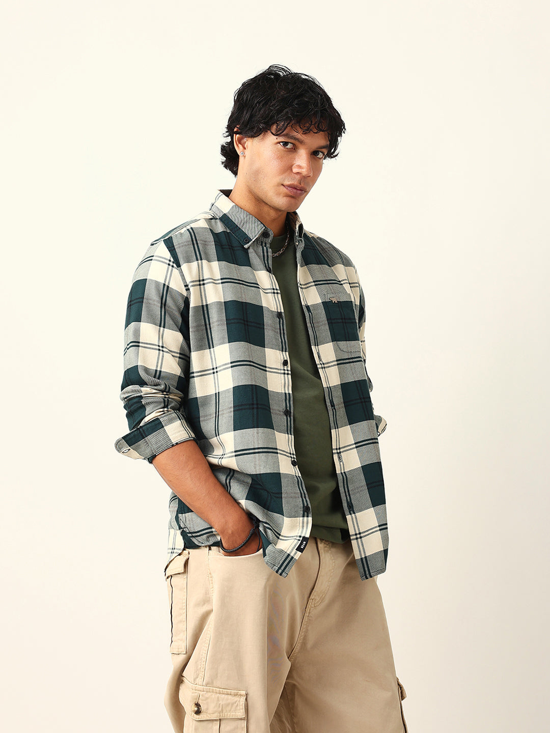 Green & Cream Woven Check Slim Fit Casual Shirt