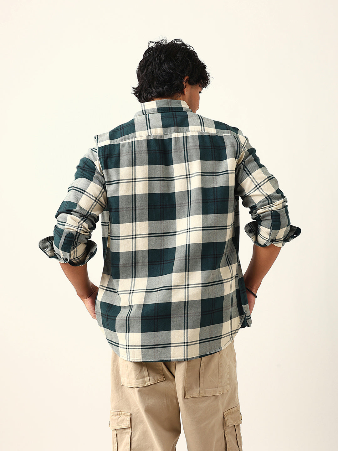Green & Cream Woven Check Slim Fit Casual Shirt