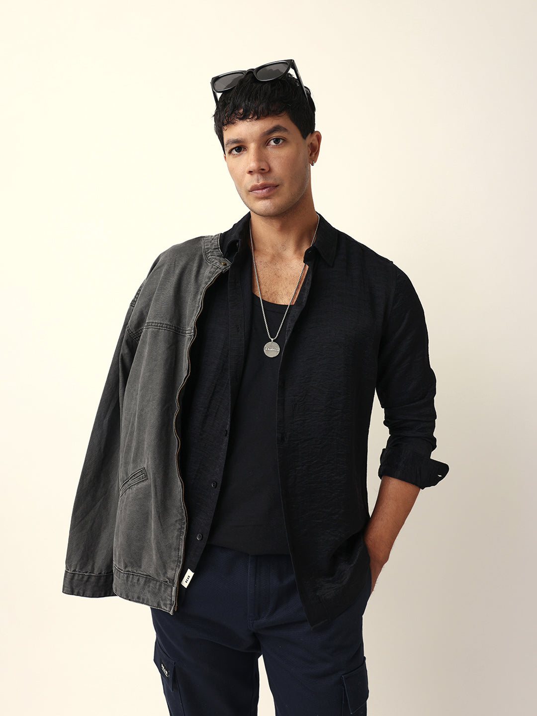 Black Crinkle Textured Slim Fit Casual Shirt
