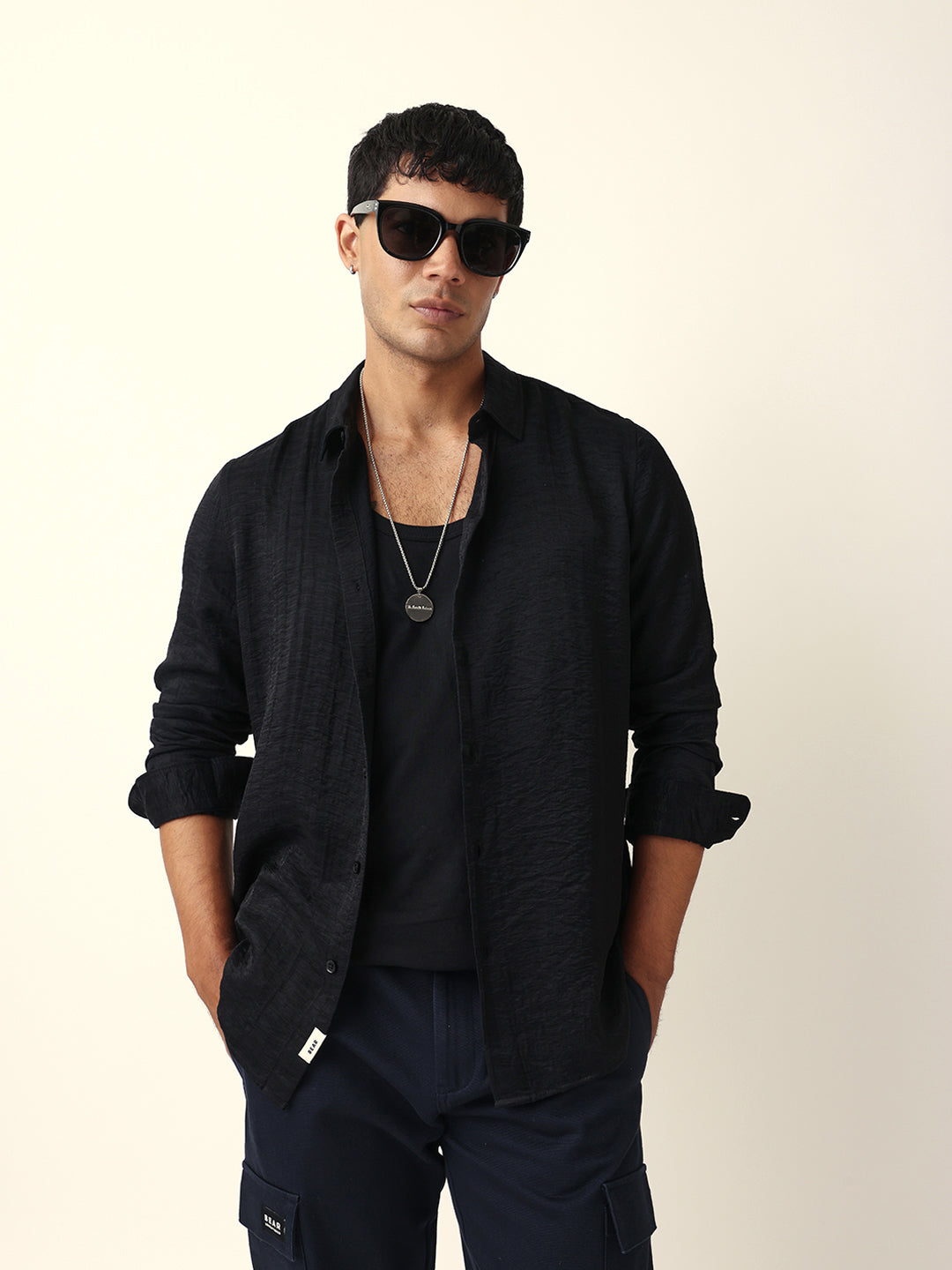 Black Crinkle Textured Slim Fit Casual Shirt