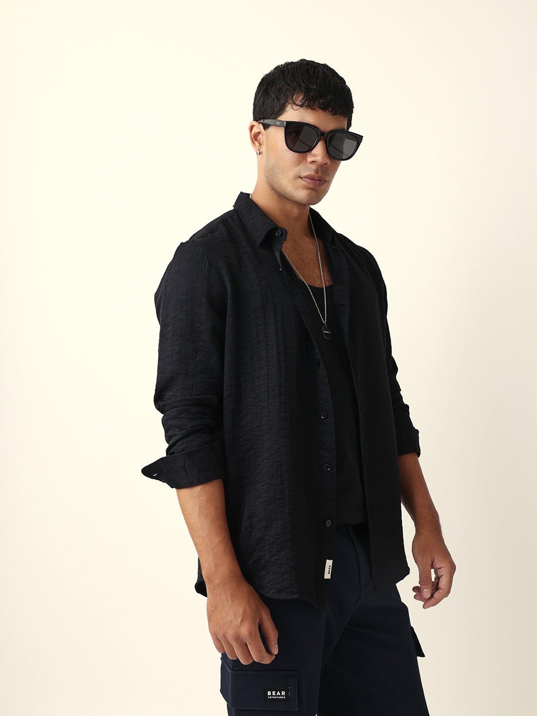 Black Crinkle Textured Slim Fit Casual Shirt