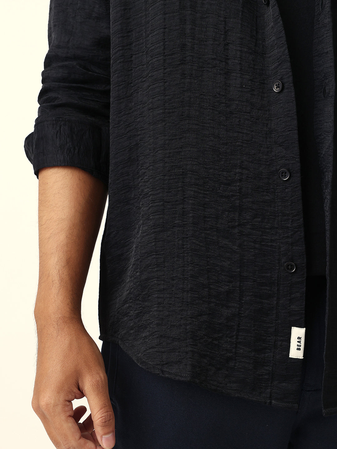 Black Crinkle Textured Slim Fit Casual Shirt