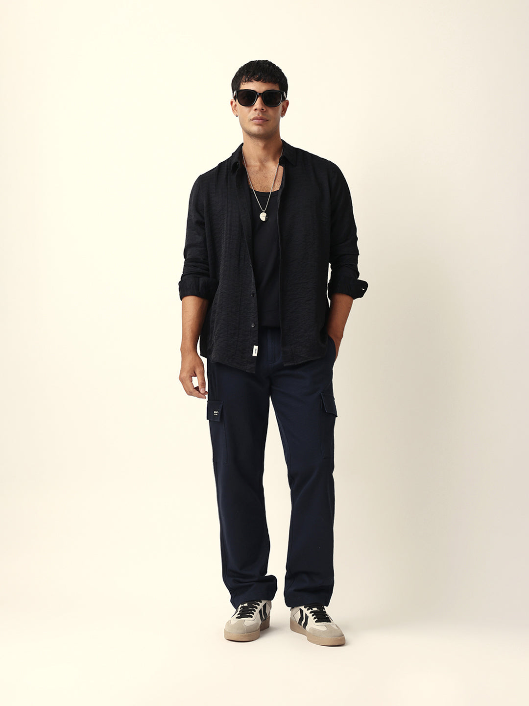 Black Crinkle Textured Slim Fit Casual Shirt