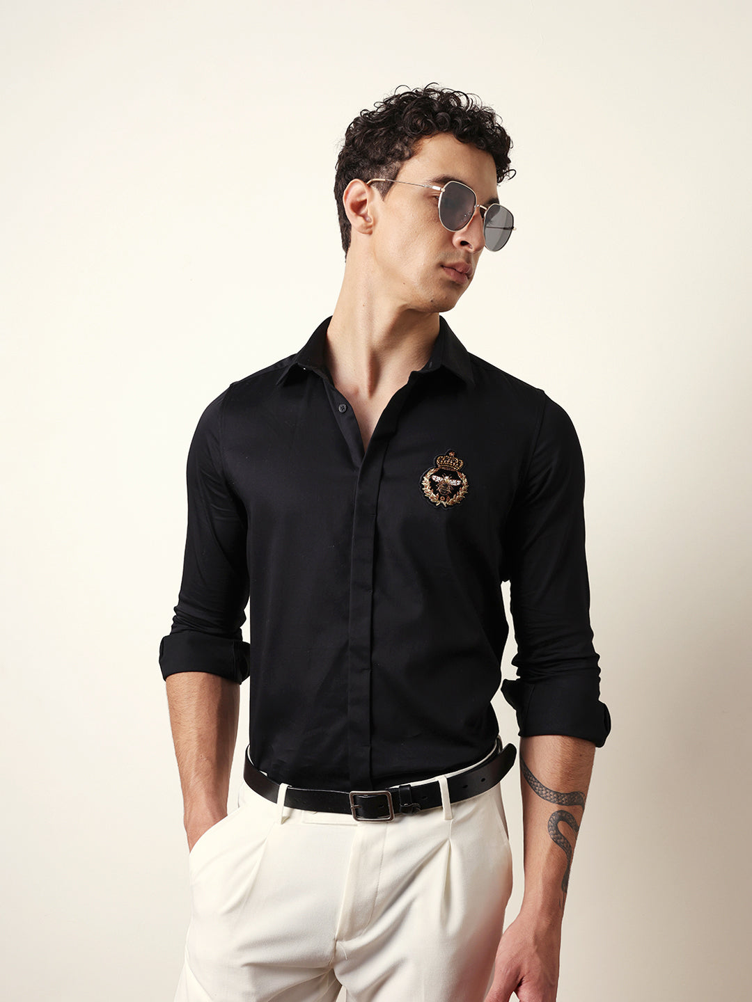 Black Tailored Fit Formal Party Shirt with Regal Crest Embroidery