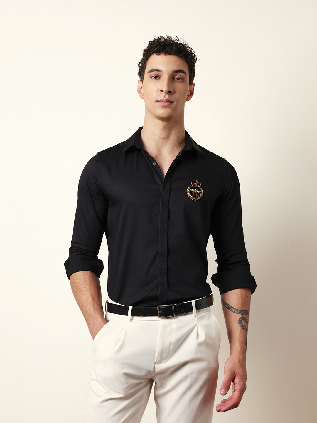 Black Tailored Fit Formal Party Shirt with Regal Crest Embroidery