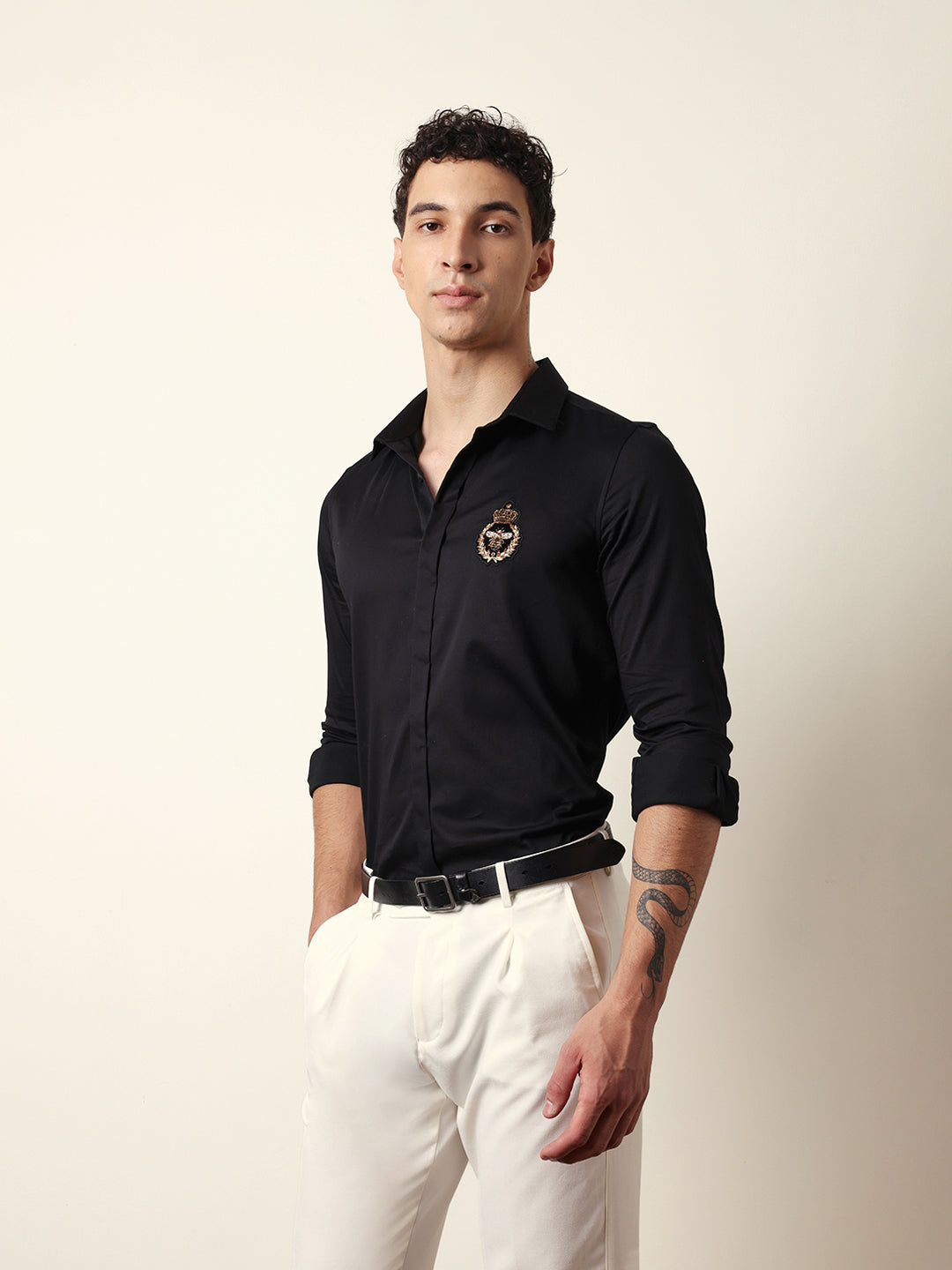 Black Tailored Fit Formal Party Shirt with Regal Crest Embroidery