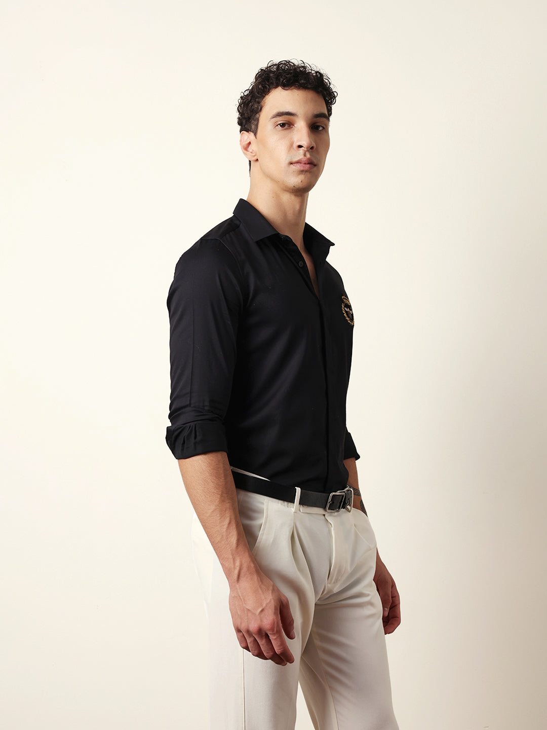 Black Tailored Fit Formal Party Shirt with Regal Crest Embroidery