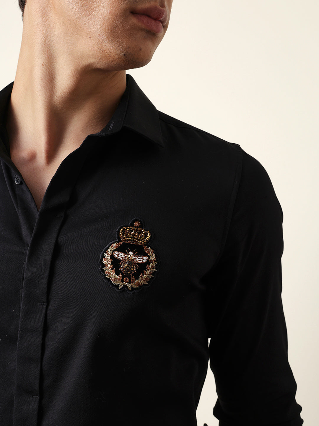 Black Tailored Fit Formal Party Shirt with Regal Crest Embroidery