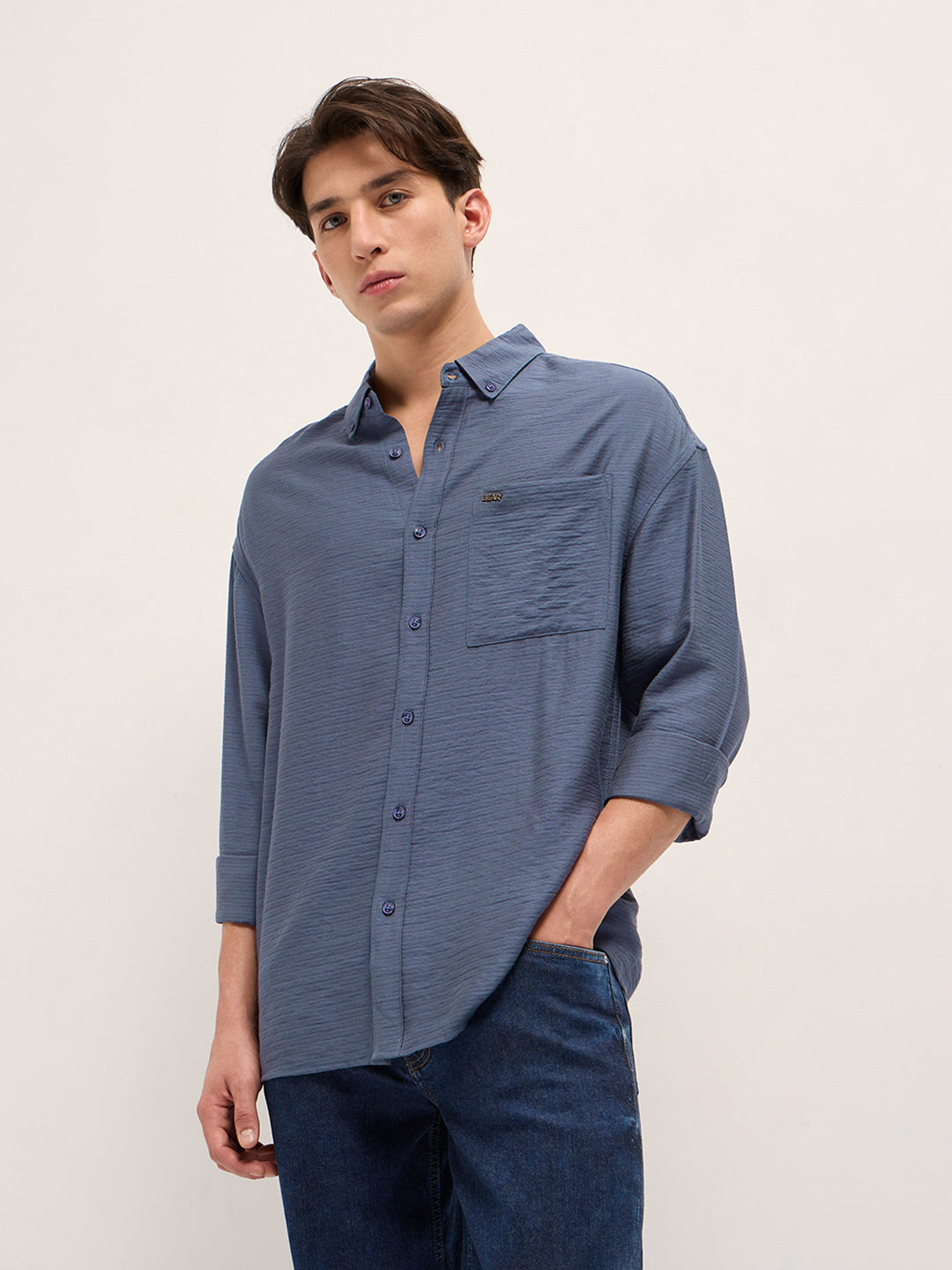 Blue Viscose Herringbone Design Relax Fit Casual shirt
