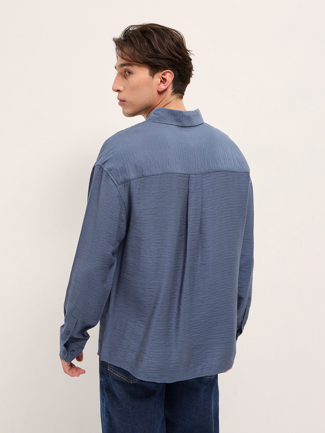 Blue Viscose Herringbone Design Relax Fit Casual shirt