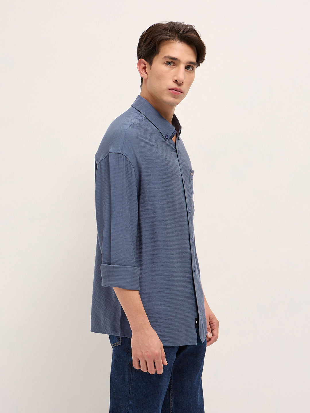 Blue Viscose Herringbone Design Relax Fit Casual shirt