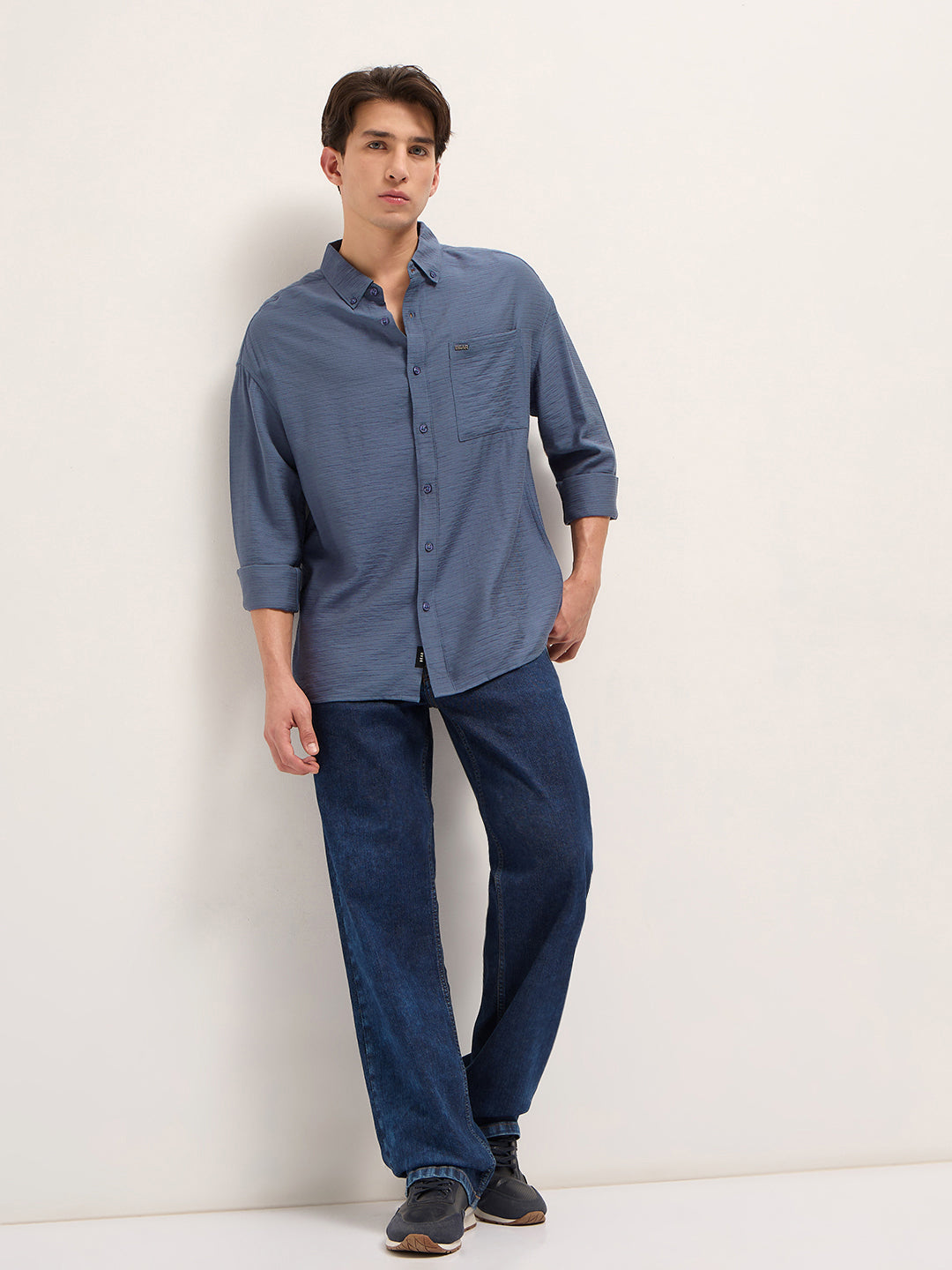 Blue Viscose Herringbone Design Relax Fit Casual shirt