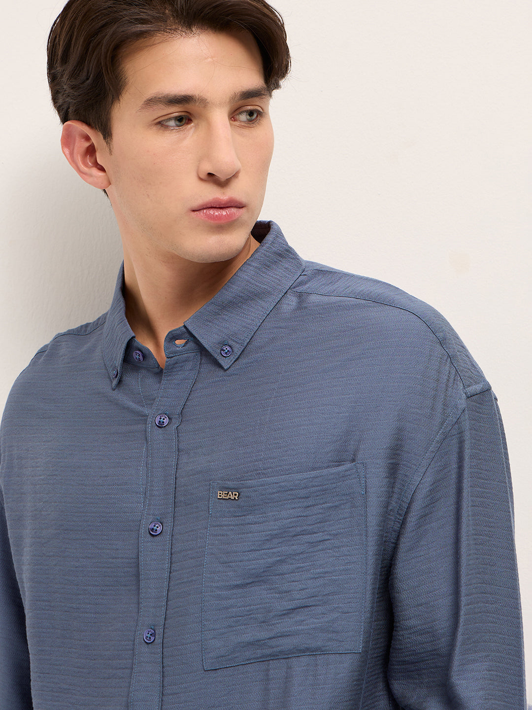 Blue Viscose Herringbone Design Relax Fit Casual shirt