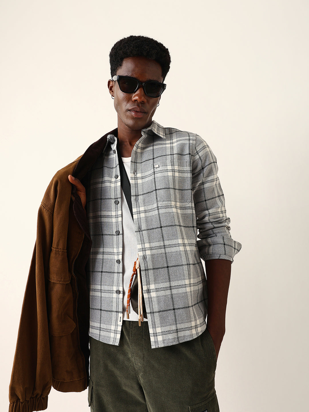 Grey Herringbone Flannel Checked Regular Fit Casual Shirt