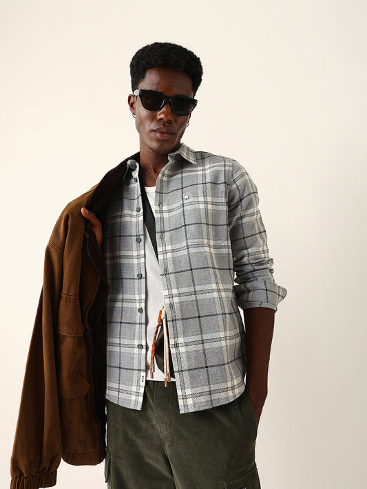 Grey Herringbone Flannel Checked Regular Fit Casual Shirt
