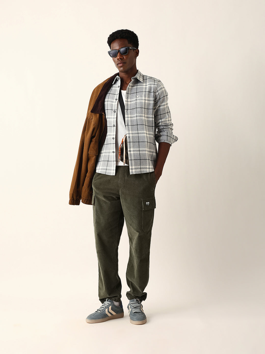 Grey Herringbone Flannel Checked Regular Fit Casual Shirt