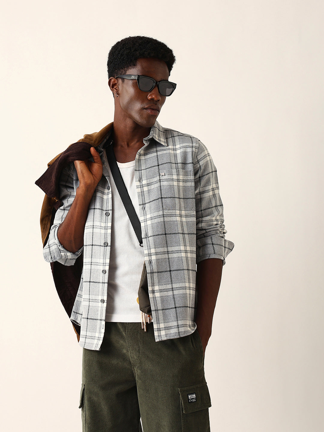 Grey Herringbone Flannel Checked Regular Fit Casual Shirt