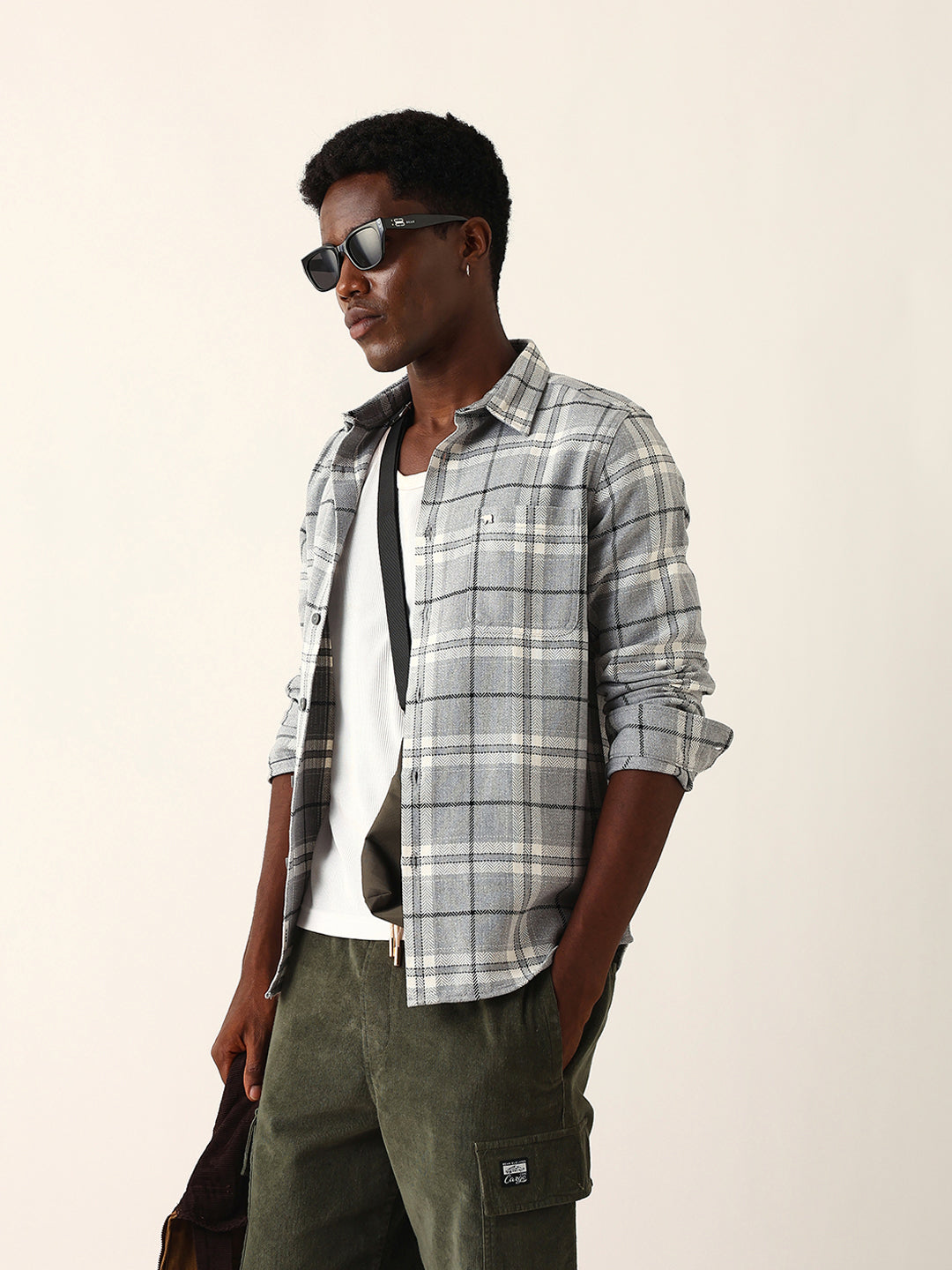 Grey Herringbone Flannel Checked Regular Fit Casual Shirt