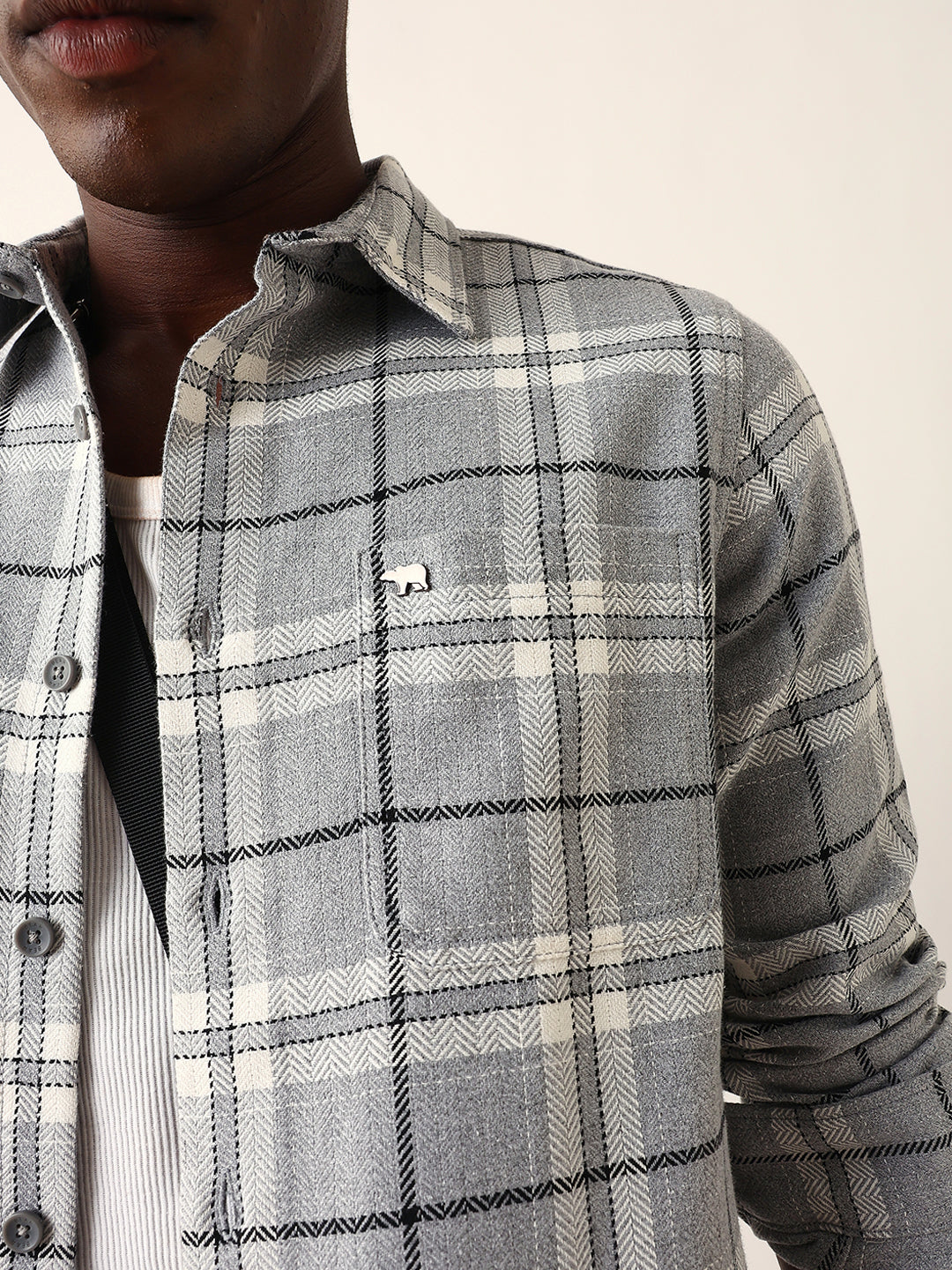 Grey Herringbone Flannel Checked Regular Fit Casual Shirt
