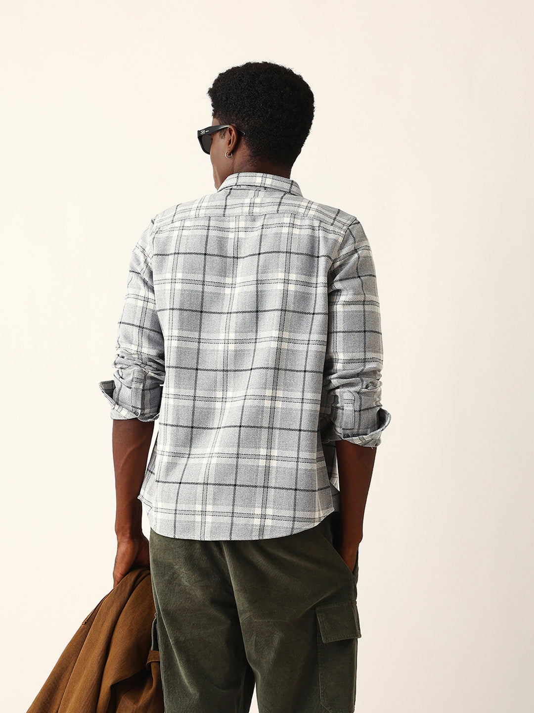 Grey Herringbone Flannel Checked Regular Fit Casual Shirt