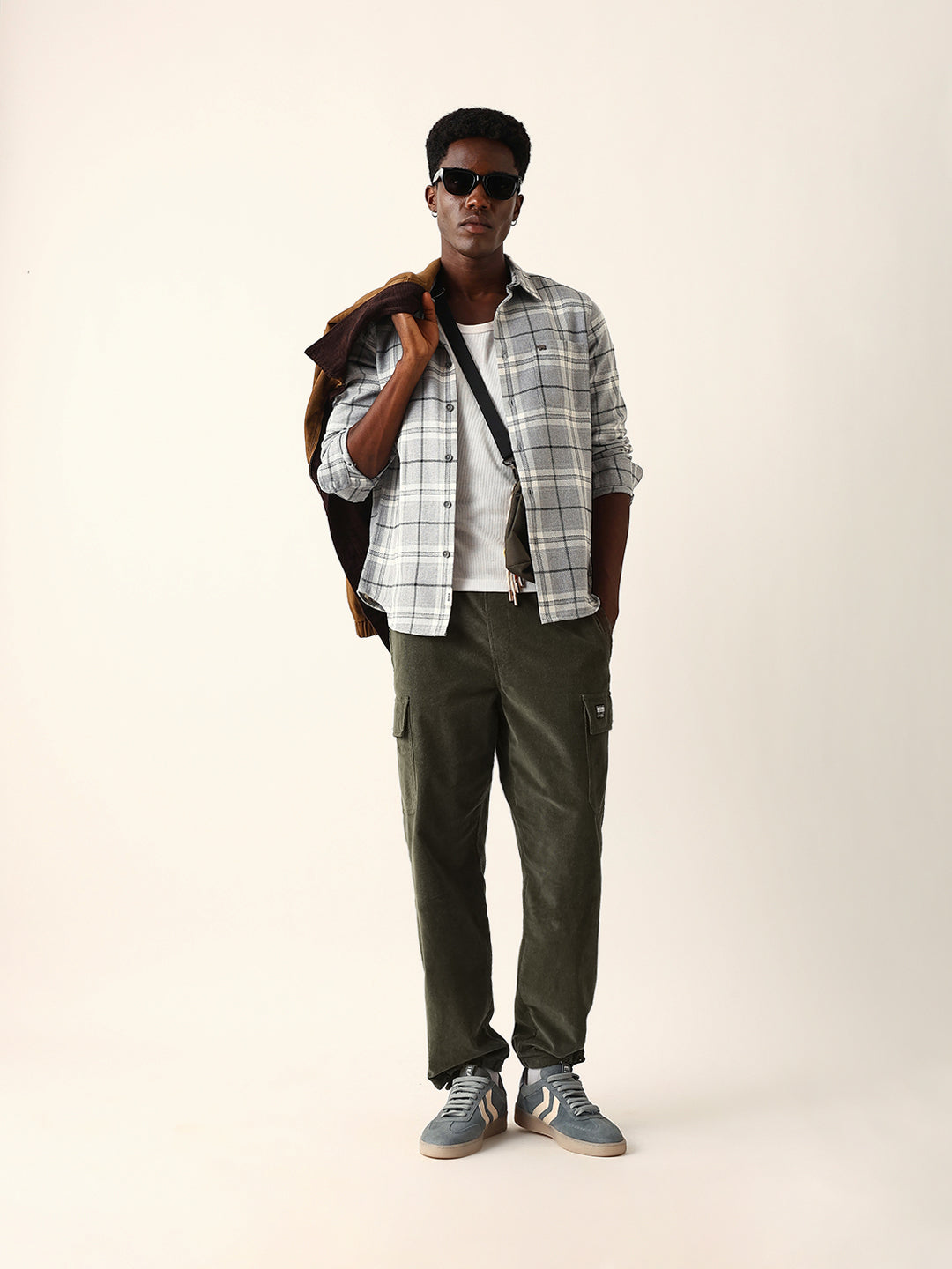 Grey Herringbone Flannel Checked Regular Fit Casual Shirt
