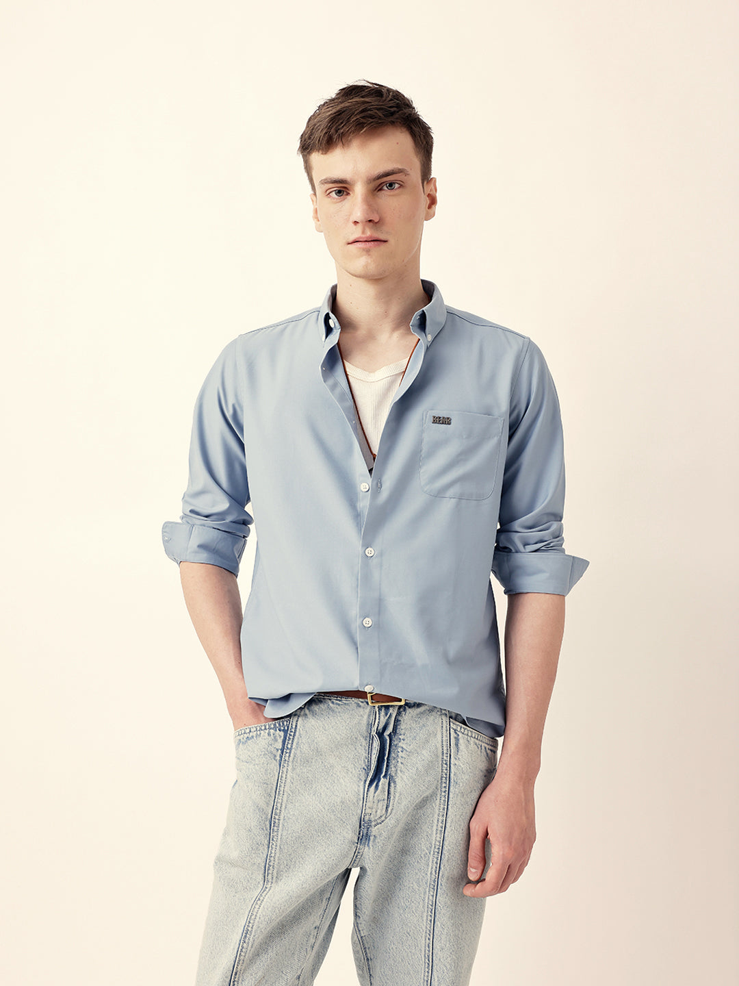 Light Blue Solid Slim Fit Casual Shirt with a Classic Semi-Formal Look