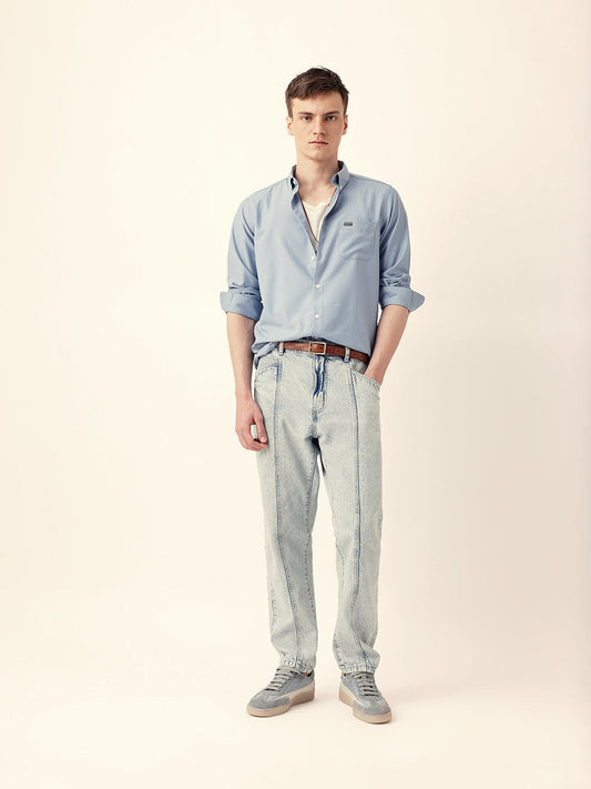 Light Blue Solid Slim Fit Casual Shirt with a Classic Semi-Formal Look